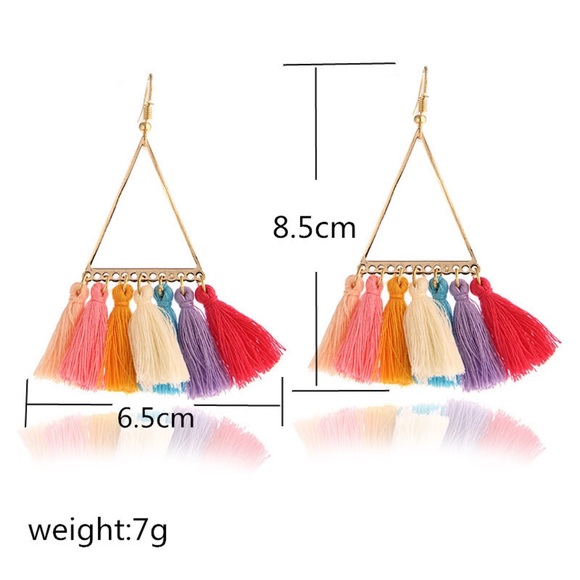 Triangle Boho Gold Earrings Multi Colored Tassels - Picture 3 of 3